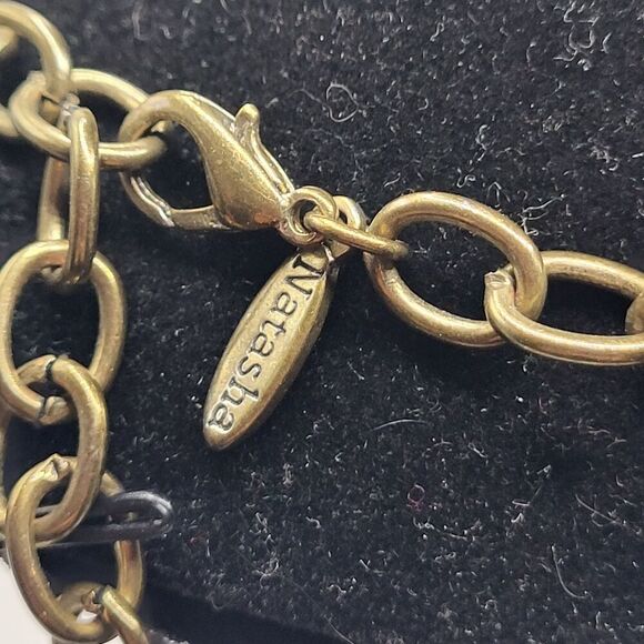 Vintage NATASHA signed bronze necklace turquoise acrylic Faceted 23in - Picture 4 of 5